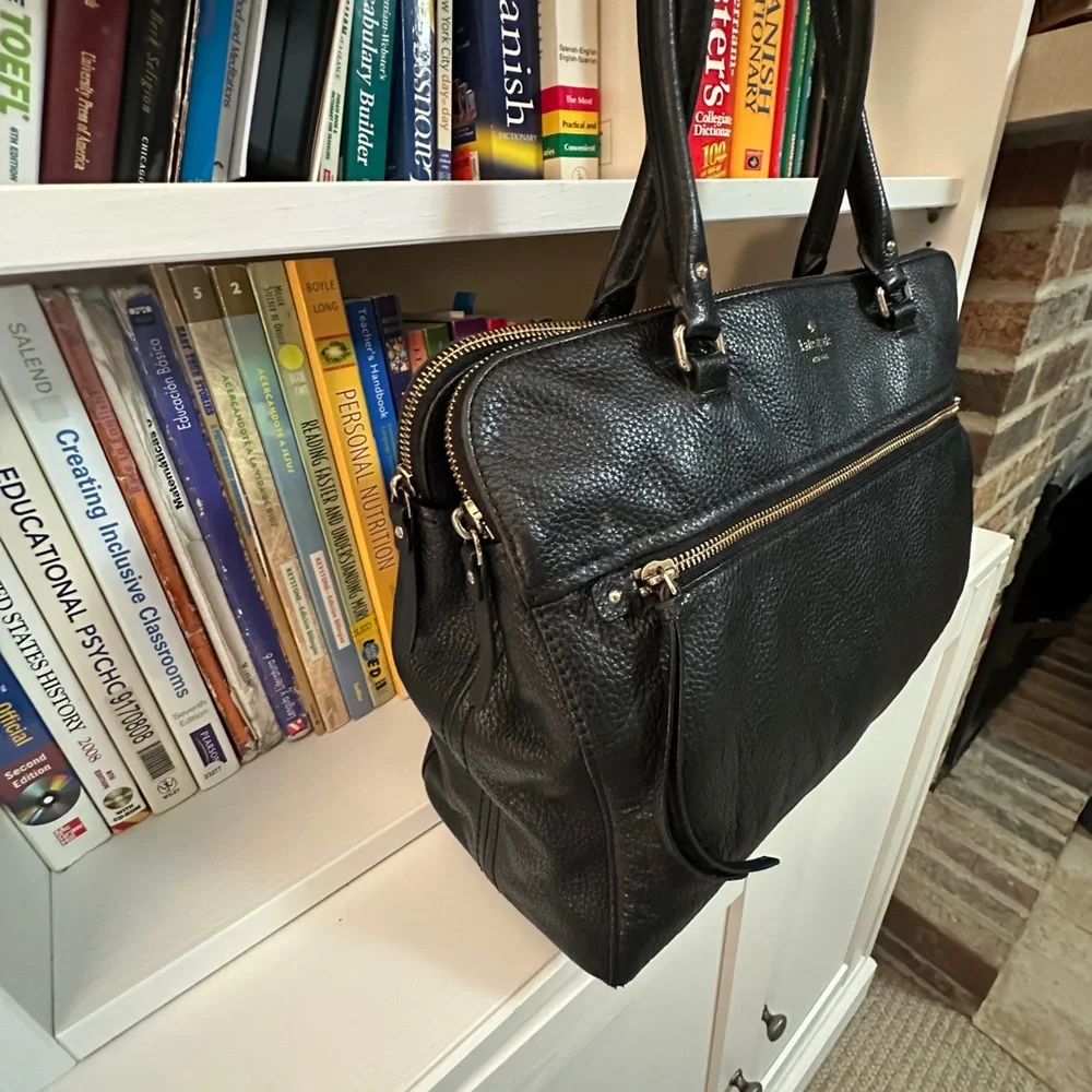 kate spade Black Pebbled Leather Laptop Tote with Front Zip Pocket